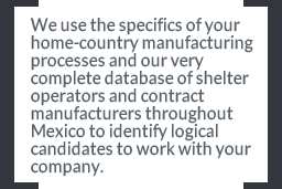 We use your home-country manufacturing processes, our database of shelter operators and contract manufacturers...